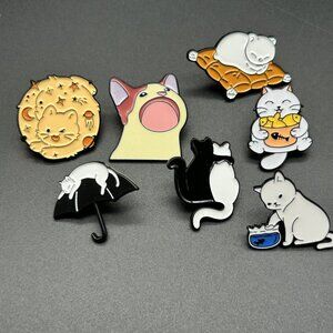 Set of 7 Enamel Pins Cat Lover Fish Sleep Friends Space Hat Backpack Bag Purse